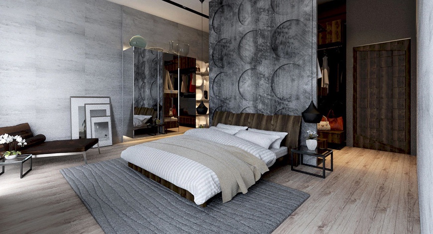 Бетон хийцтэй хана ашигласан унтлагын өрөөний хачирхалтай 30 загвар